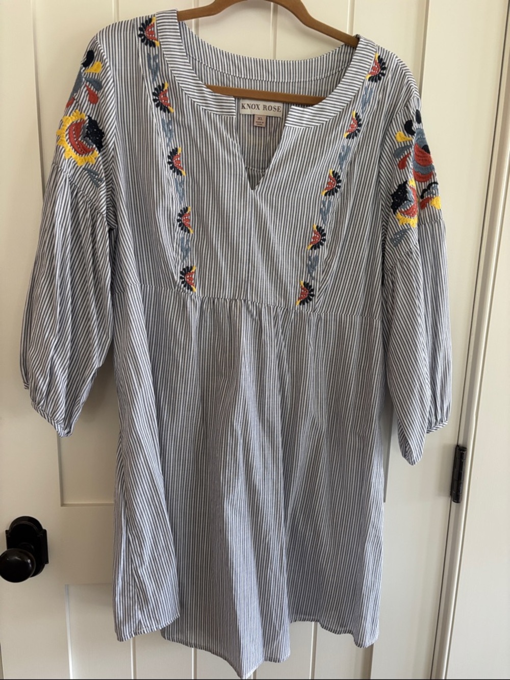 Knox Rose Blue and White Striped Tunic with Multicolor Floral Embroidery